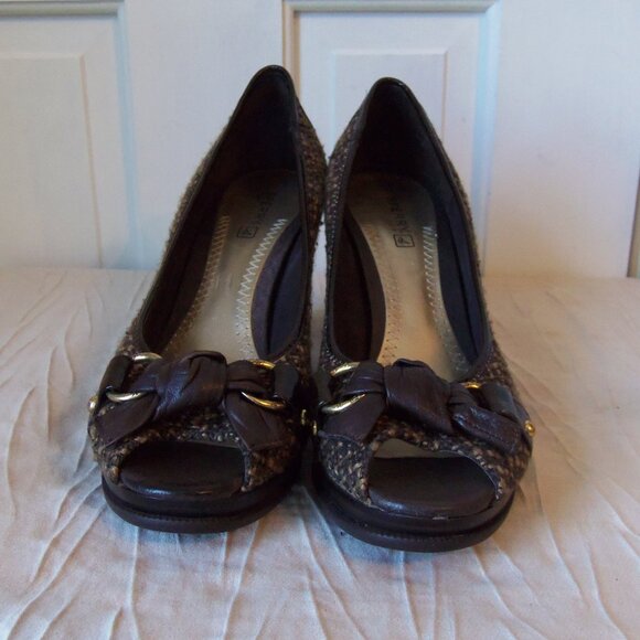 Sperry Brown Tweed Peep Toe Wedges sz 8 - Picture 2 of 16